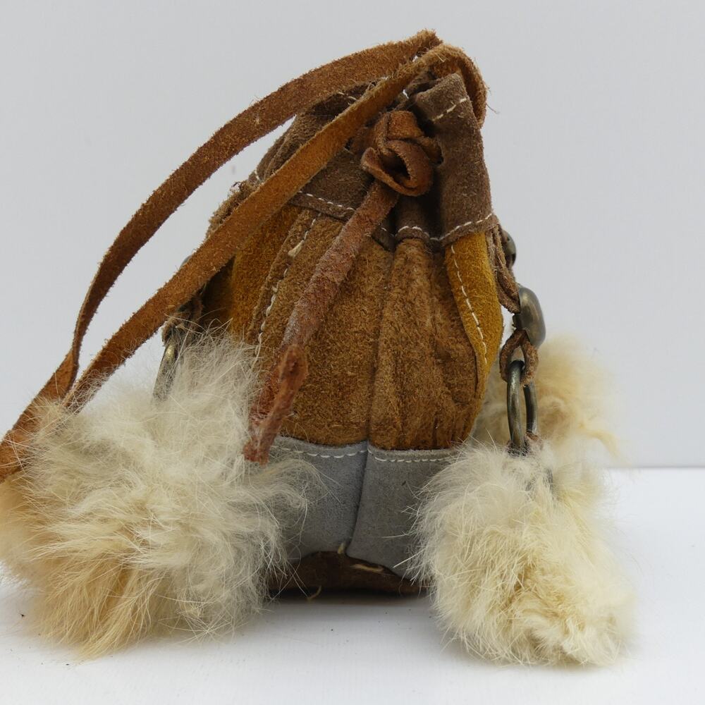 Vintage Rare 1960s 70s Handmade Leather Pouch Bag Boho Fur Trim Drawstring Purse - Picture 5 of 7